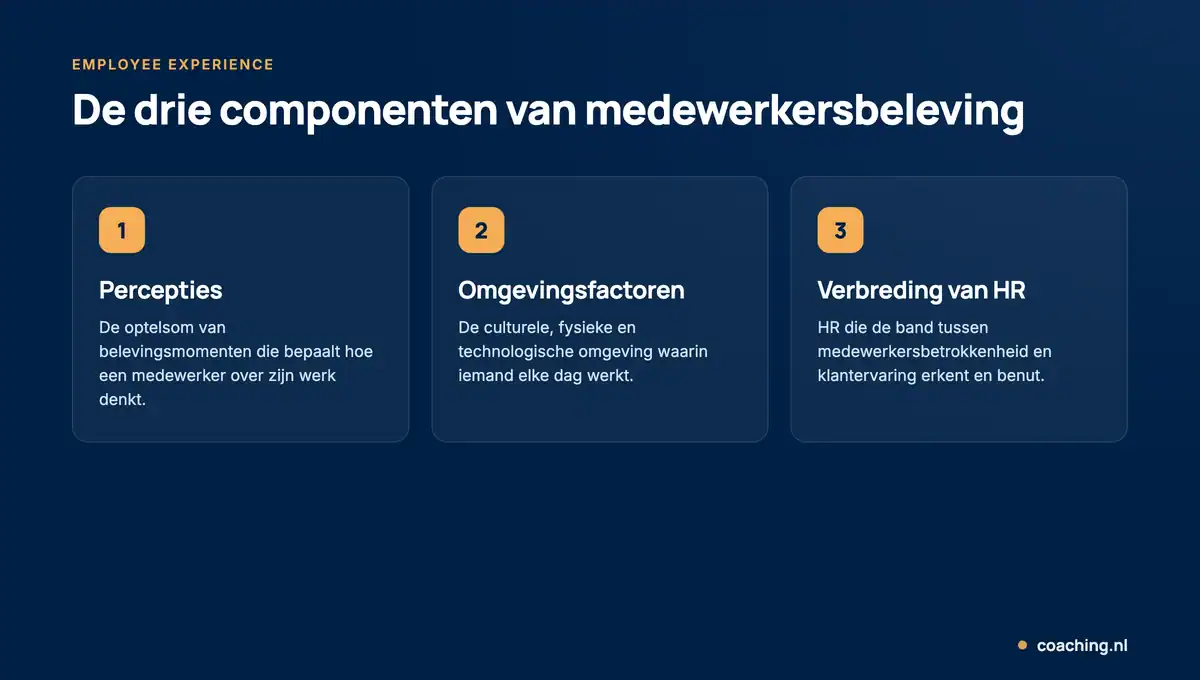 Infographic met de drie componenten van employee experience: medewerkers-percepties, omgevingsfactoren en de verbreding van HR.