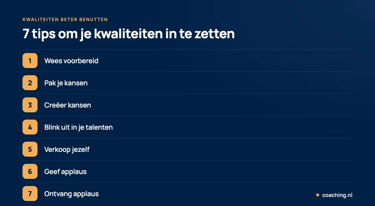 Infographic met 7 tips om je kwaliteiten beter te benutten: wees voorbereid, pak kansen, creëer kansen, blink uit, verkoop jezelf, geef applaus en ontvang applaus.
