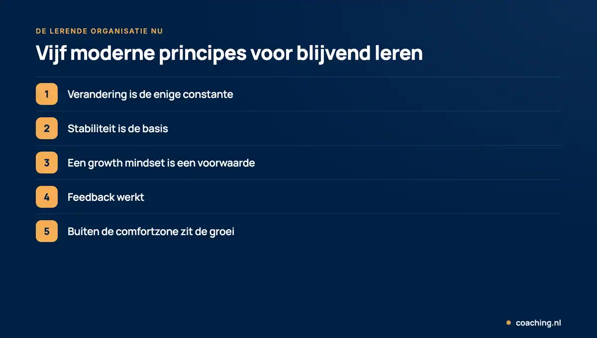 Infographic met vijf moderne principes voor de lerende organisatie: verandering is constant, stabiliteit is de basis, een growth mindset, feedback werkt en buiten de comfortzone zit de groei.