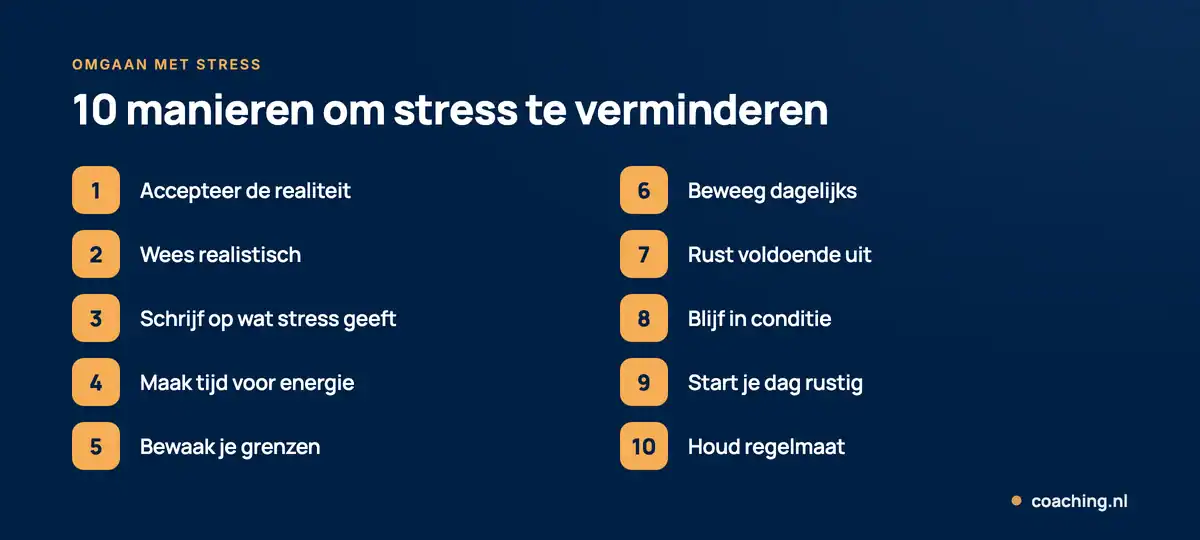 Infographic met 10 manieren om stress te verminderen: accepteer de realiteit, bewaak je grenzen, beweeg, rust uit en houd regelmaat.