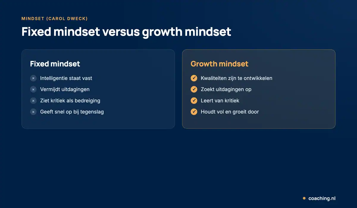 Infographic die de fixed mindset en de growth mindset van Carol Dweck naast elkaar zet.