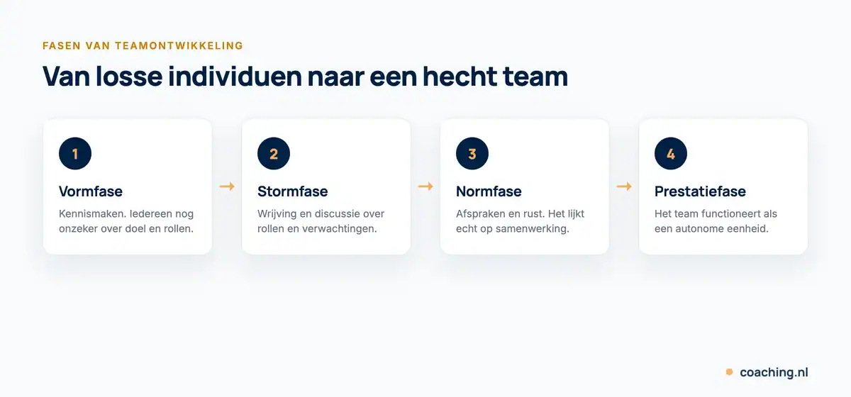 Infographic met de fasen van teamontwikkeling volgens Tuckman: vormfase, stormfase, normfase en prestatiefase.