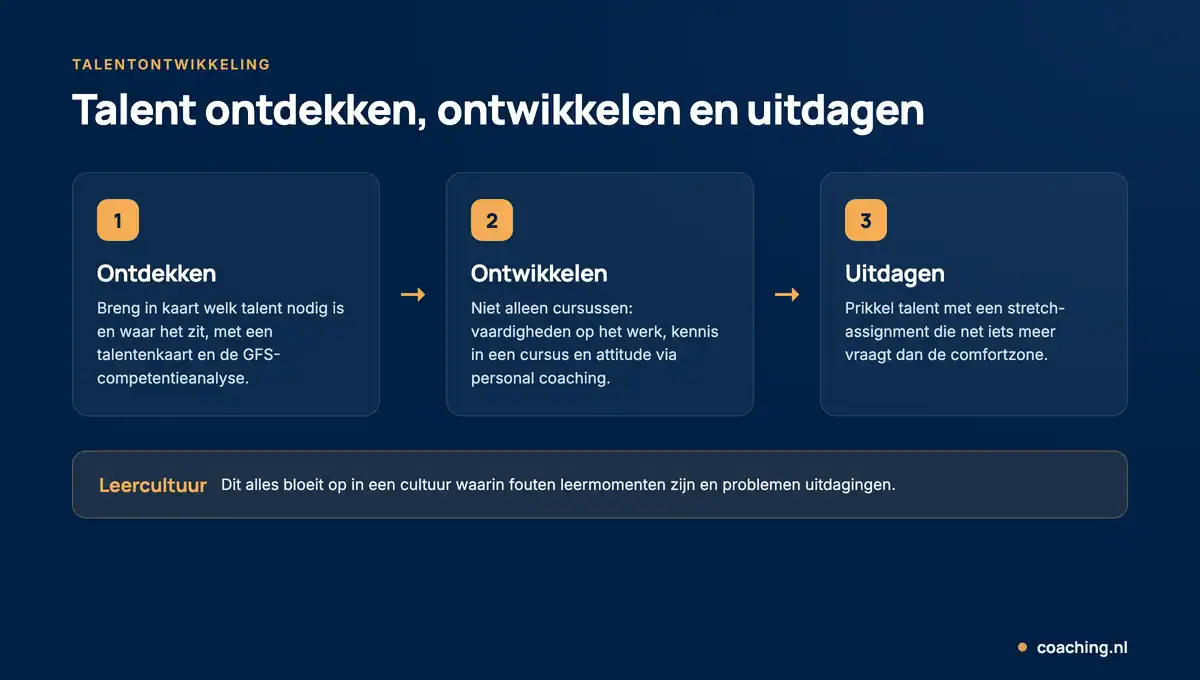 Infographic met de drie stappen van talentontwikkeling: talent ontdekken, ontwikkelen en uitdagen, binnen een leercultuur.